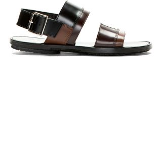 Panelled buffed leather sandals in black and tones of brown. Round