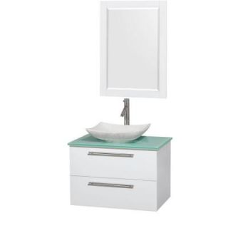 Wyndham Collection Amare 30 in. Vanity in Glossy White with Glass Vanity Top in Green, Marble Sink and 24 in. Mirror WCR410030SGWGGGS6M24