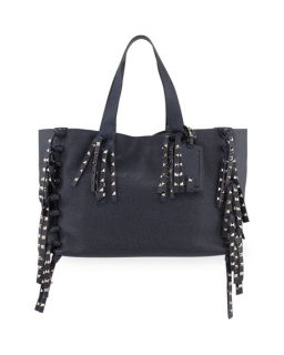 Valentino C Rockee Studded Fringe Leather Tote Bag, Denim Blue