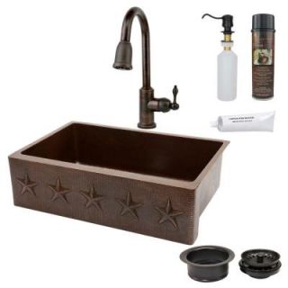 Premier Copper Products All in One Undermount Copper 33 in. Single Basin Kitchen Sink with Star Design in Oil Rubbed Bronze KSP4_KASDB33229ST