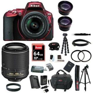 Nikon D5500 DX format Digital SLR w/ 18 55mm VR II Kit (Red) and Nikon AF S DX NIKKOR 55 200MM f/4 5.6G ED VR II Lens plus 64GB Deluxe Accessory Bundle