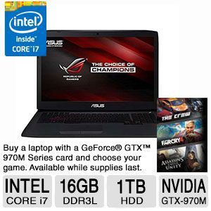 ASUS ROG G751JT 16GB Memory 1TB HDD NVIDIA Geforce GTX 970M 17.3 Gaming Laptop Windows 8.1 64 Bit   G751JT CH71