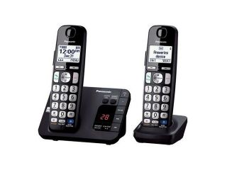 PANASONIC KX TGE232B DECT 6.0  2 handsets  Big buttons  TAD / Talking Text Sender Alert