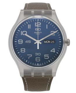 Swatch Watch, Unisex Swiss Daily Friend Brown Leather Strap 41mm