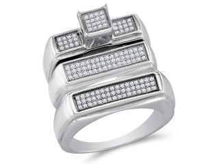 .925 Silver Plated in White Gold Diamond His & Hers Trio Set   Square Shape Center Setting w/ Micro Pave Set Round Diamonds   (.38 cttw, G H, SI2)   SEE "OVERVIEW" TO CHOOSE BOTH SIZES