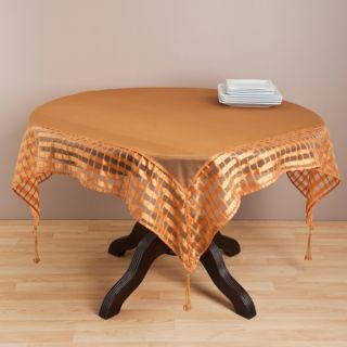 Cappuccino Striped Border Tasseled Corner 40 inch Sheer Tablecloth
