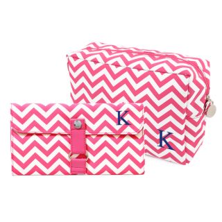 Personalized Bright Pink Chevron 6 piece Spa Bag and Makeup Roll Brush