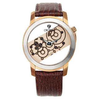 Mens Croton Stainless Steel Watch with Brown Leather Band