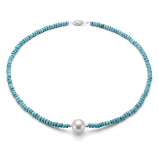 DaVonna Silver Turquoise and White FW Pearl Necklace (12 13 mm)