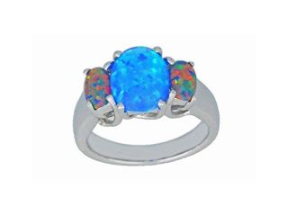 10x8mm Blue Opal & Black Opal Oval Ring .925 Sterling Silver Rhodium Finish