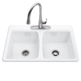KOHLER Deerfield Smart Divide Self Rimming Cast Iron 33x22x8.625 3 Hole Kitchen Sink in White K 1175575 VS 0