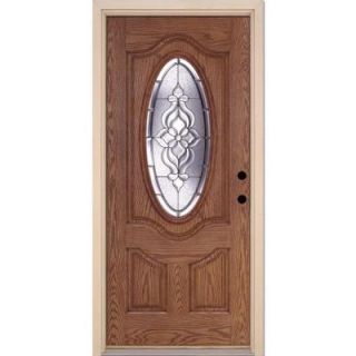 Feather River Doors 37.5 in. x 81.625 in. Lakewood Zinc 3/4 Oval Lite Stained Medium Oak Fiberglass Prehung Front Door 722490