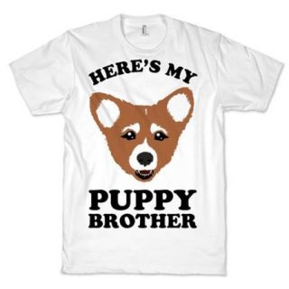 White Heres My Puppy Brother Crewneck Funny Graphic T Shirt (Size Large) NEW