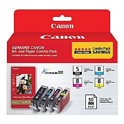 Canon PGI 5CLI 8PP 201 ChromaLife 100 BlackCyanMagentaYellow Ink Cartridges And Photo Paper Combo Pack 0628B027