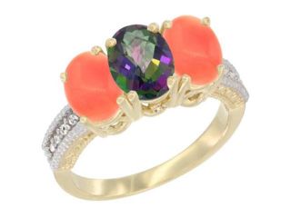 10K Yellow Gold Natural Mystic Topaz & Coral Sides Ring 3 Stone Oval 7x5 mm Diamond Accent, sizes 5   10