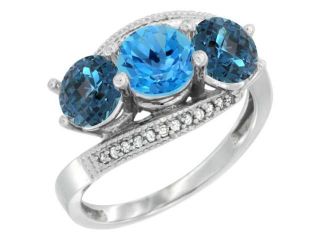 10k White Gold Natural Swiss Blue Topaz & London Blue Topaz Sides 3 stone Ring Round 6mm Diamond Accent, sizes 5   10