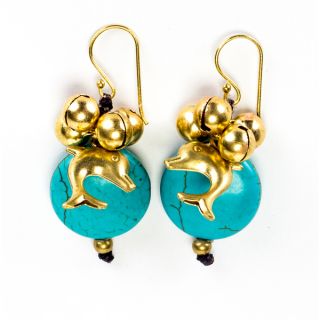 Goldtone Turqouise and Bead Dolphin Earrings (Thailand)