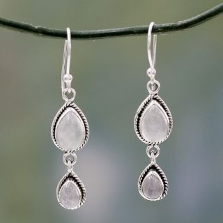 Sterling Silver Misty Teardrops Rainbow Moonstone Earrings (India