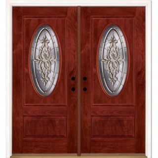 Feather River Doors 74 in. x 81.625 in. Silverdale Brass 3/4 Oval Lite Stained Cherry Mahogany Fiberglass Double Prehung Front Door 711591 400