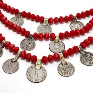 BAJALIA "Maliha" Faceted Red Bead Layered Drape Coin Dangle 22" Necklace   7513975