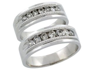 10k White Gold 2 Piece His (7mm) & Hers (6.5mm) Milgrain Design Diamond Wedding Ring Band Set w/ 0.86 Carat Brilliant Cut Diamonds; (Ladies Size 5 to10; Men's Size 8 to 12.5)
