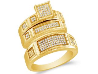.925 Silver Plated in Yellow Gold Diamond His & Hers Trio Set   Square Shape Center Setting w/ Micro Pave Set Round Diamonds   (.44 cttw, G H, SI2)   SEE "OVERVIEW" TO CHOOSE BOTH SIZES